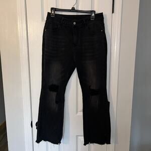 FireSwan High Waist Distressed Raw Frayed Hem Flare Jeans Charcoal Gray XL